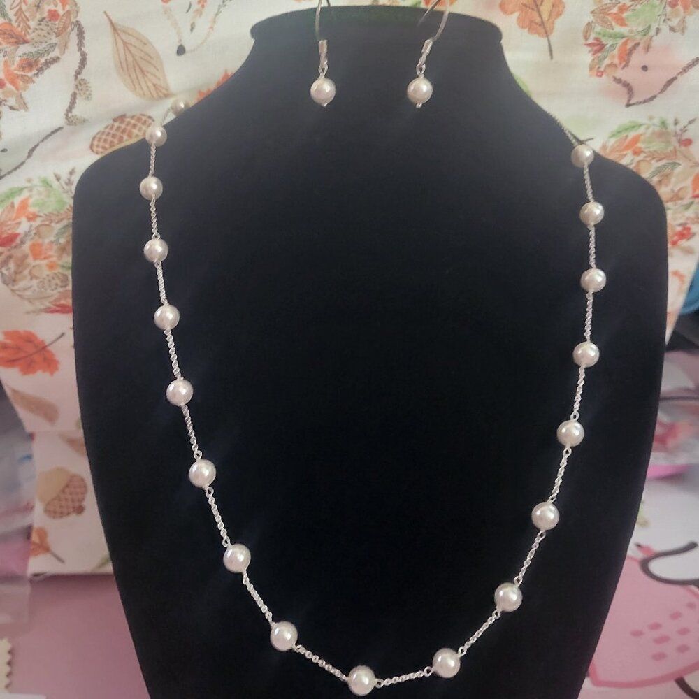 Swarovski Crystal White Pearl Sterling Silver Station Necklace & Earrings Set